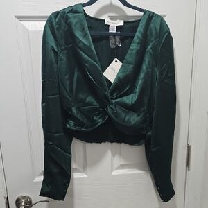 Spring + Mercer Twist-Front Satin V-Neck Blouse in Deep Green
